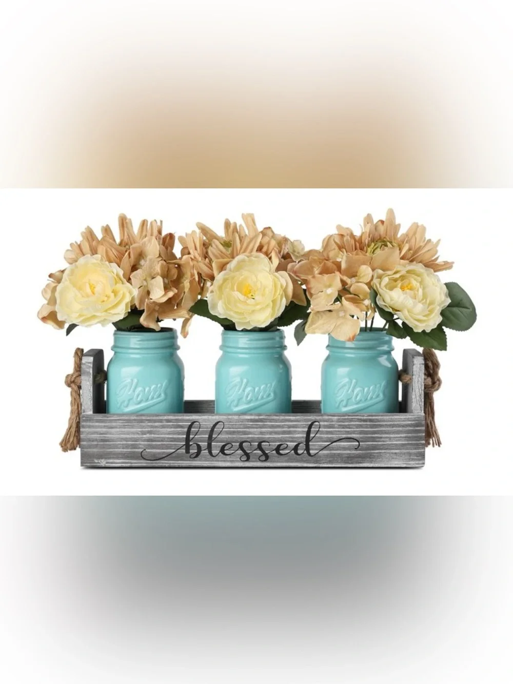 Decorative Blue Mason Jar Flower Arrangement with Cream & Peach Silk Blooms